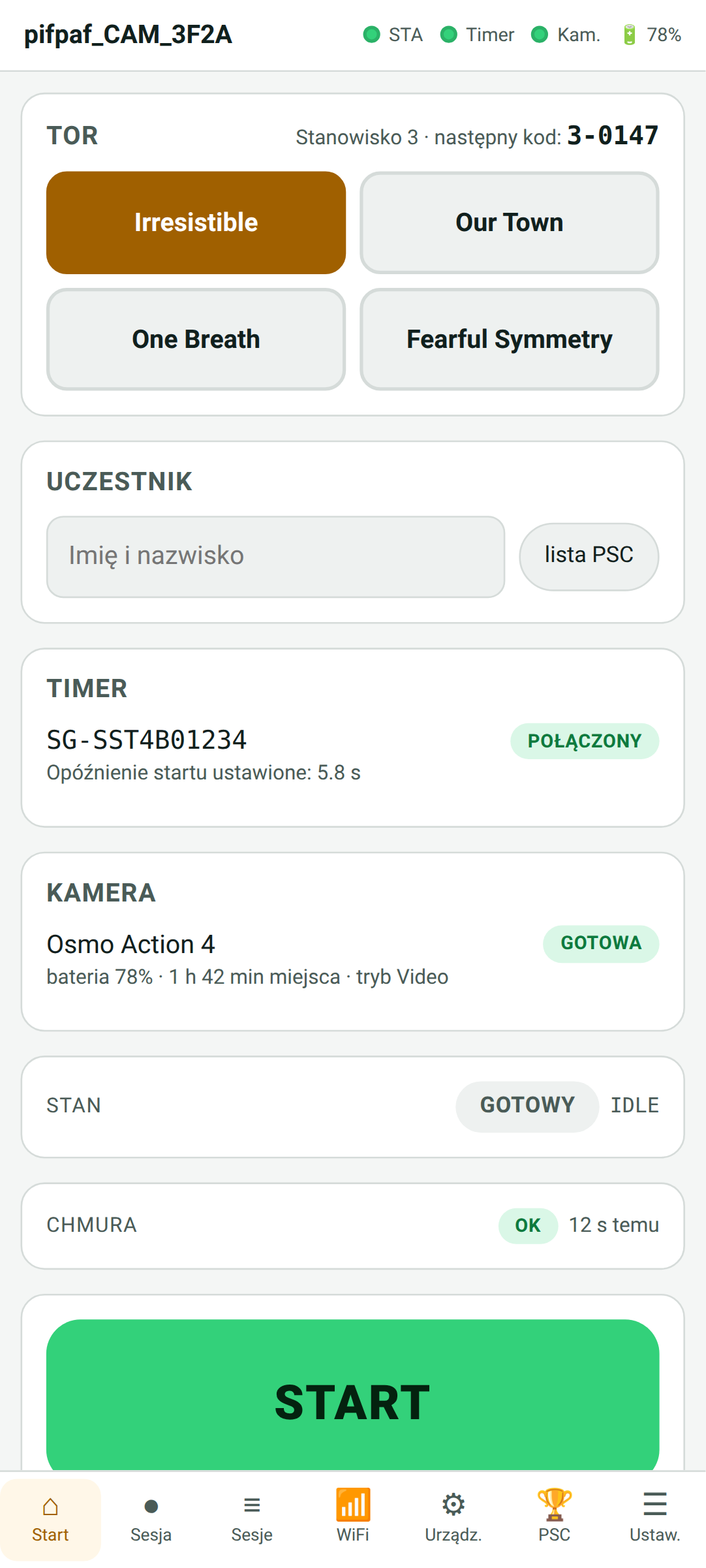 Match Cam panel home screen (Polish UI): selected stage, competitor field with a Practiscore list, connected timer, ready Osmo Action 4 camera and the next ID code