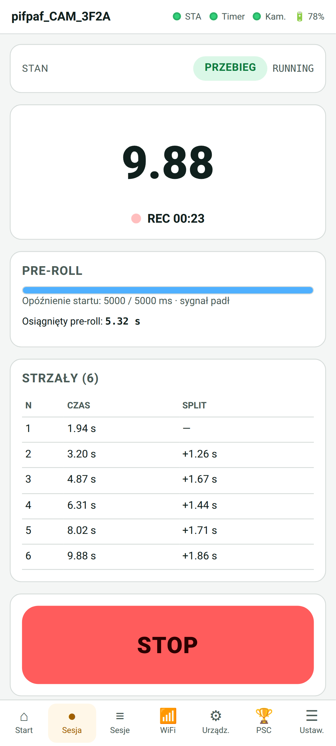Session preview in the Match Cam panel (Polish UI): time 9.88, REC badge, pre-roll bar showing 5.32 s and a table of six shots with splits