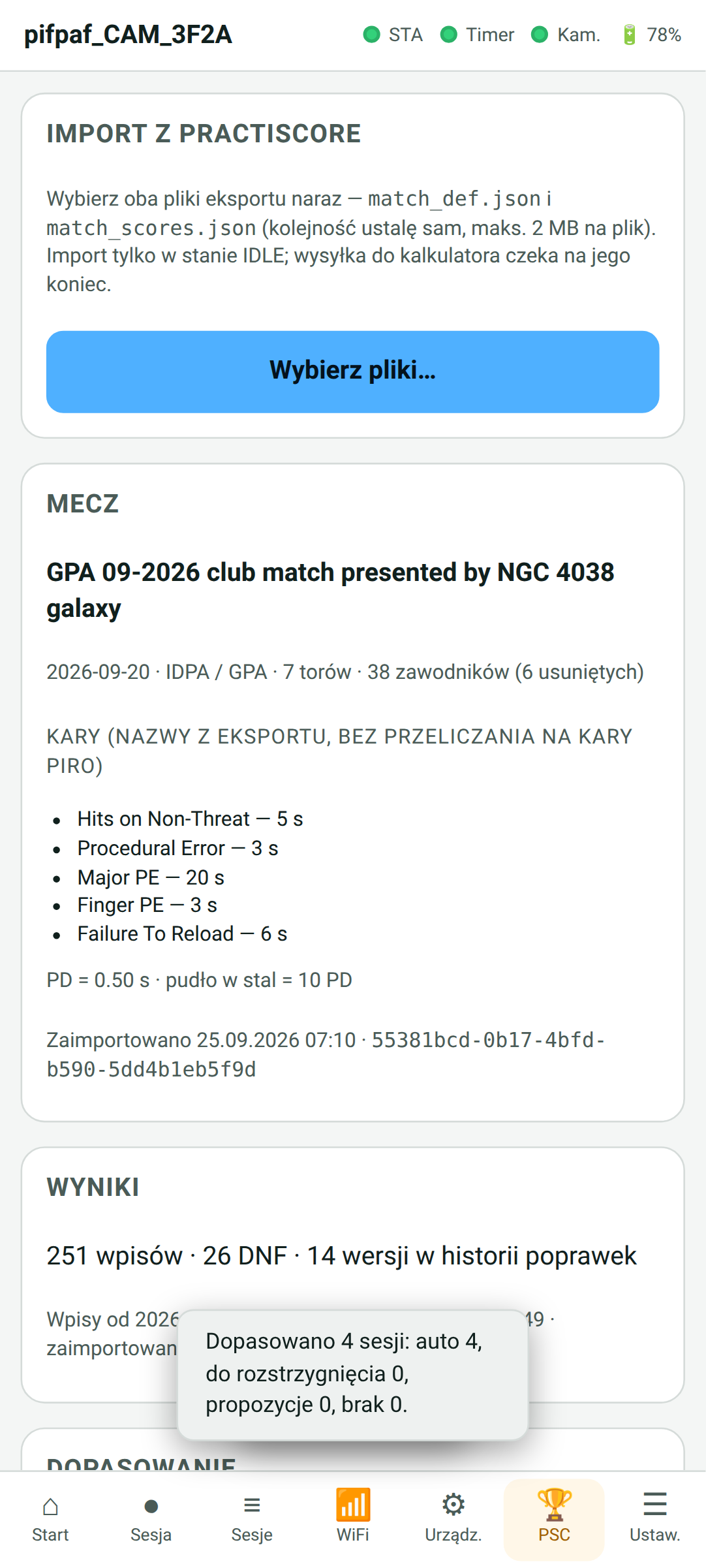 Practiscore import screen (Polish UI): an IDPA match with seven stages and 38 competitors, penalties from the export and a message that four sessions were matched