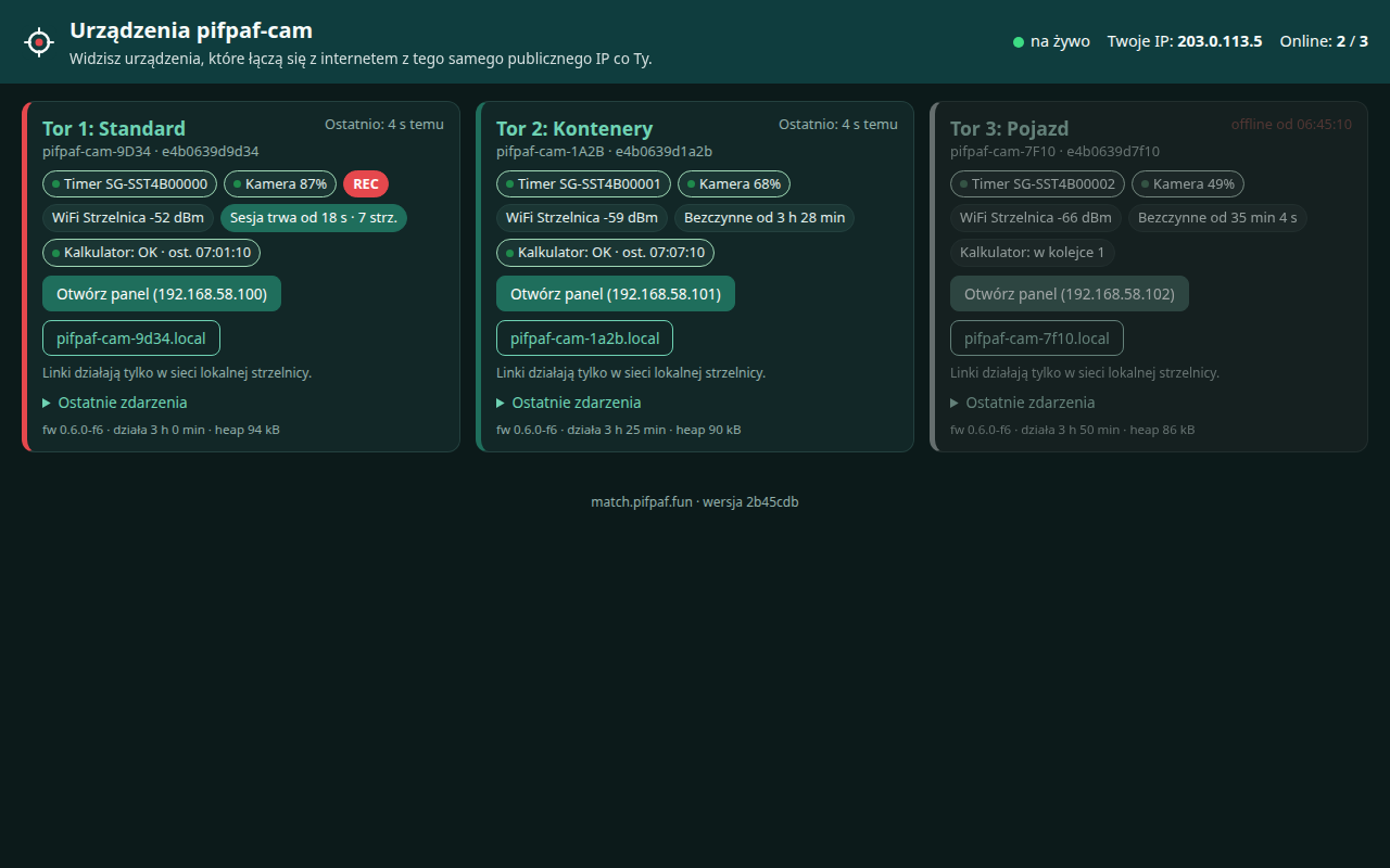 Match Board in dark mode: three stage cards with device name, timer and camera status, and a REC badge on the stage that is recording