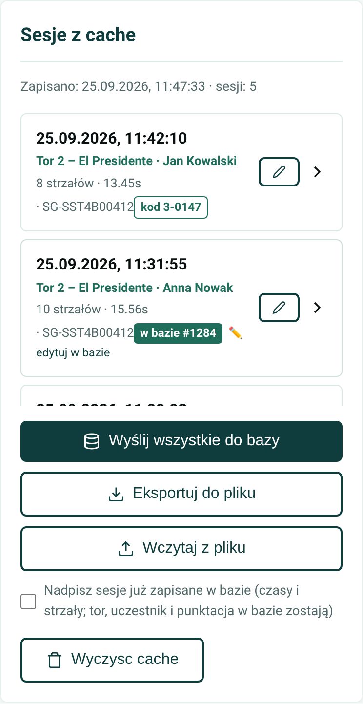 Karta Sesje z cache: sesje z torem i uczestnikiem, numerem seryjnym timera, plakietką kodu 3-0147 i plakietką w bazie #1284 z linkiem edycji; przyciski Wyślij wszystkie do bazy, Eksportuj do pliku, Wczytaj z pliku
