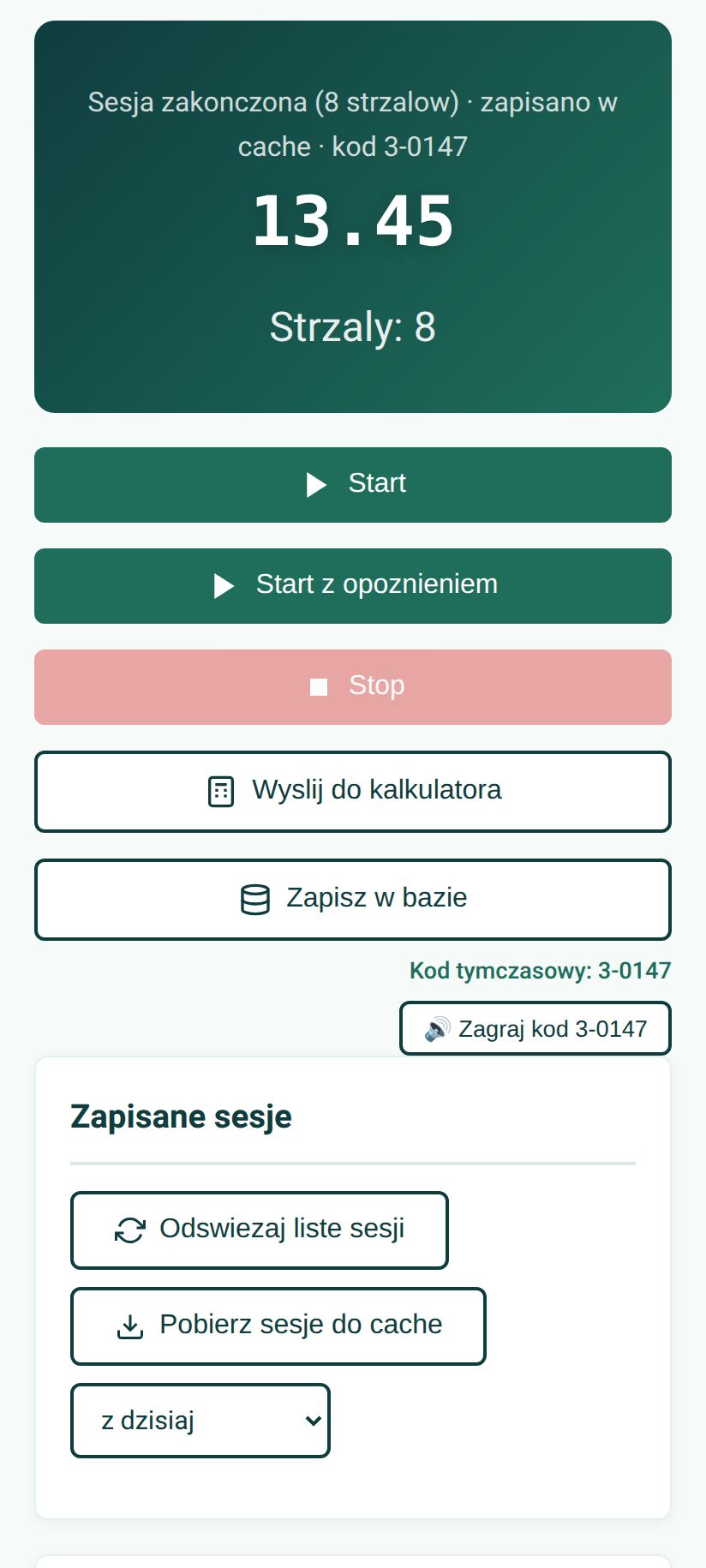 SG Timer Monitor na telefonie: zakończona sesja z czasem 13.45 i ośmioma strzałami, zapisana w cache z kodem tymczasowym 3-0147, pod spodem przyciski Start, Stop, Wyślij do kalkulatora i Zapisz w bazie