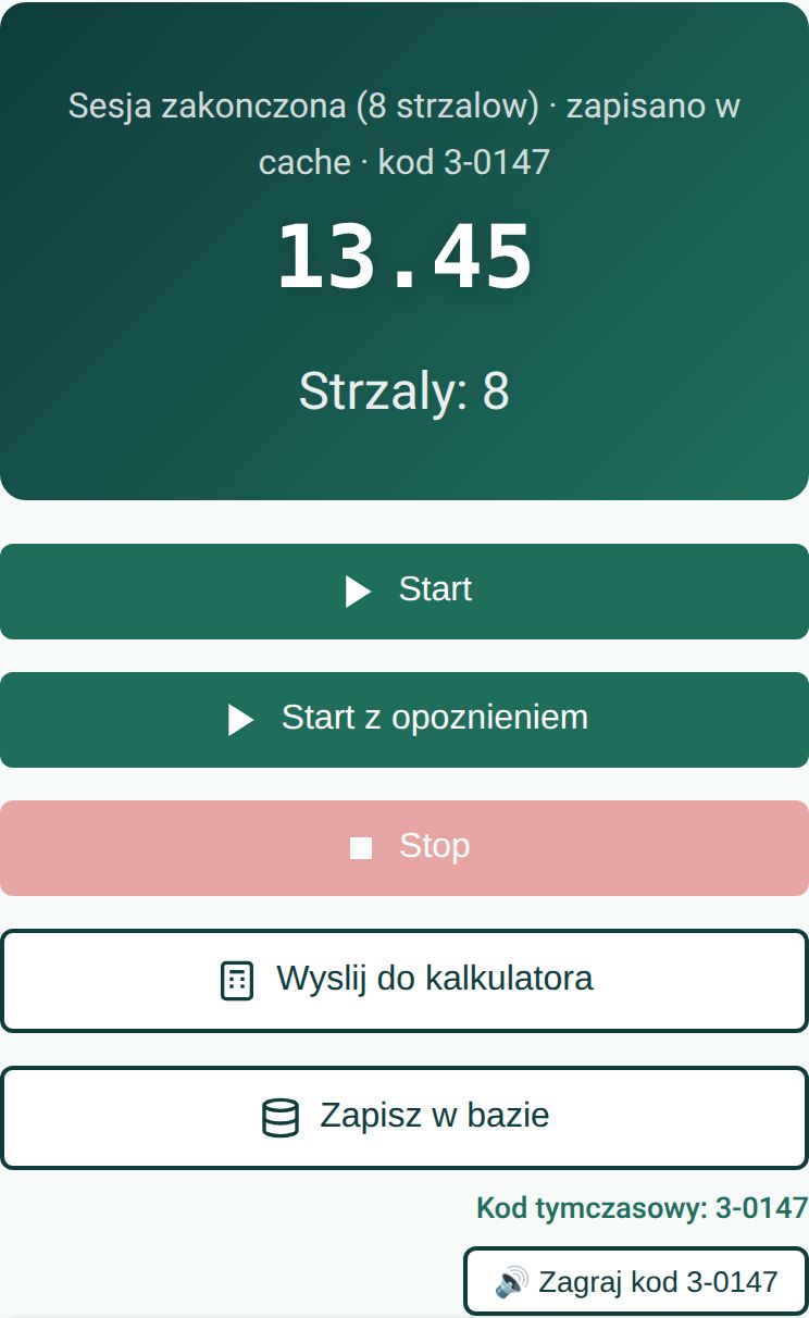Panel sesji: licznik czasu, przyciski Start, Start z opóźnieniem, Stop, Wyślij do kalkulatora, Zapisz w bazie i przycisk powtórki kodu 3-0147