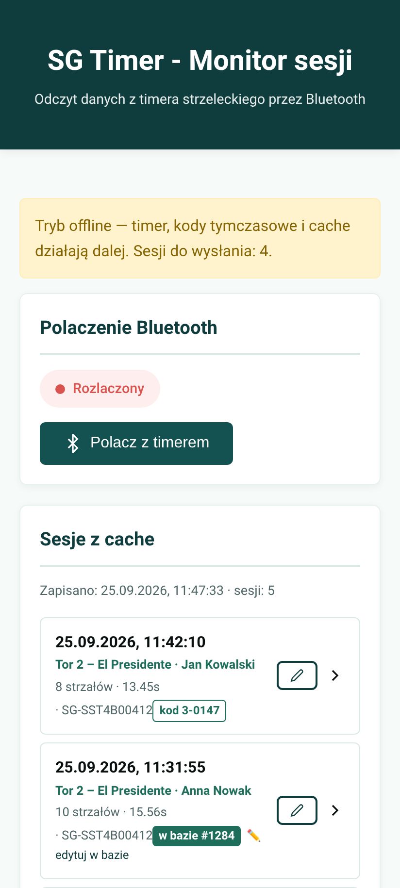 Aplikacja w trybie offline: żółty baner z informacją, że timer, kody tymczasowe i cache działają dalej, a 4 sesje czekają na wysłanie; pod spodem sesje z cache z torem, uczestnikiem i kodem