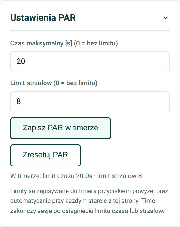 Karta Ustawienia PAR: czas maksymalny 20 s, limit strzałów 8, przyciski Zapisz PAR w timerze i Zresetuj PAR oraz potwierdzenie W timerze: limit czasu 20.0 s, limit strzałów 8