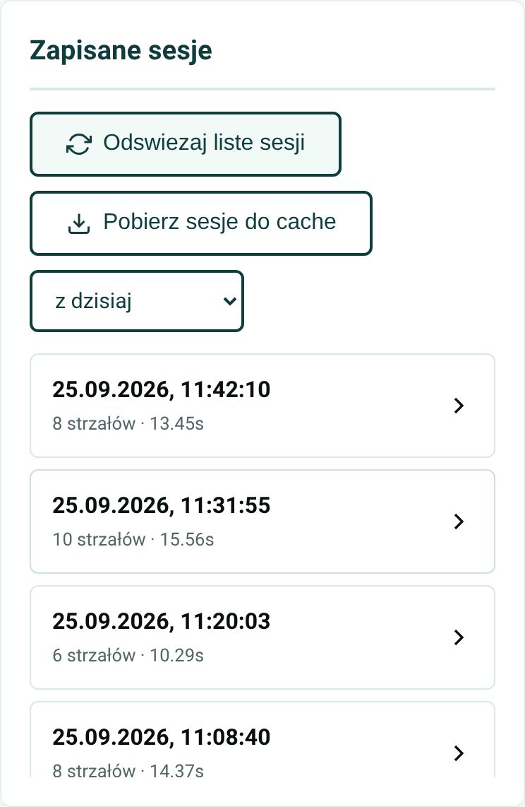 Karta Zapisane sesje: lista sesji z 25.09.2026 z godziną, liczbą strzałów i czasem, np. 10 strzałów 15.56 s