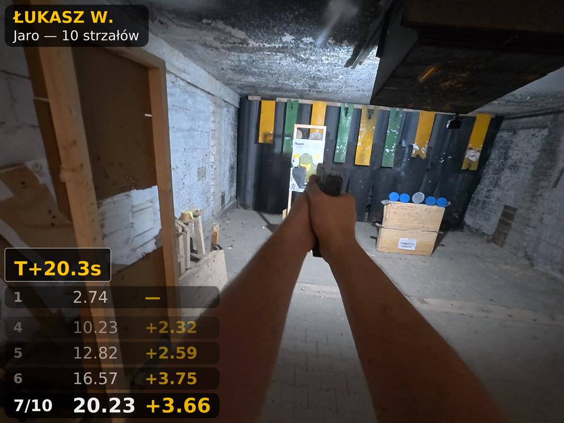 Kadr z filmu ze strzelania z nakładką ShotHUD: nazwa toru i zawodnik w rogu, zegar T+20.3 s, lista strzałów z czasami i splitami, aktywny wiersz 7/10 – 20.23 s, +3.66 s