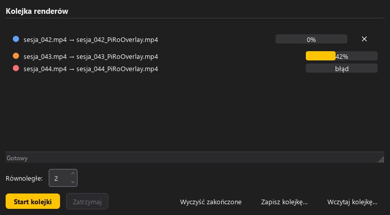 Okno kolejki renderów z listą zadań i postępem